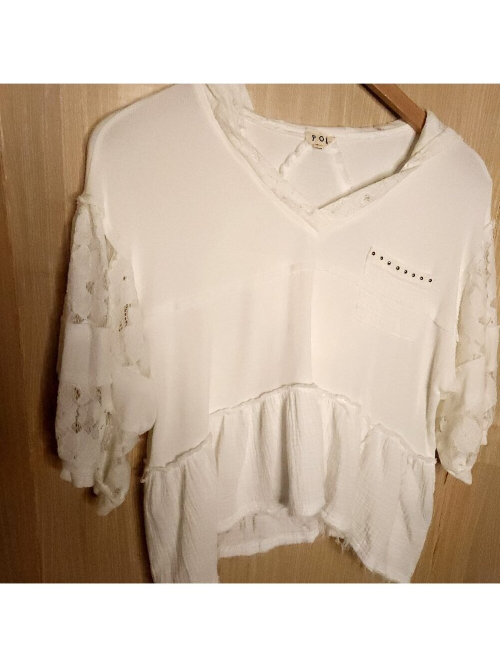 POL Womens White Lagan Hooded Mixed Material Distressed Oversized Crop Top...